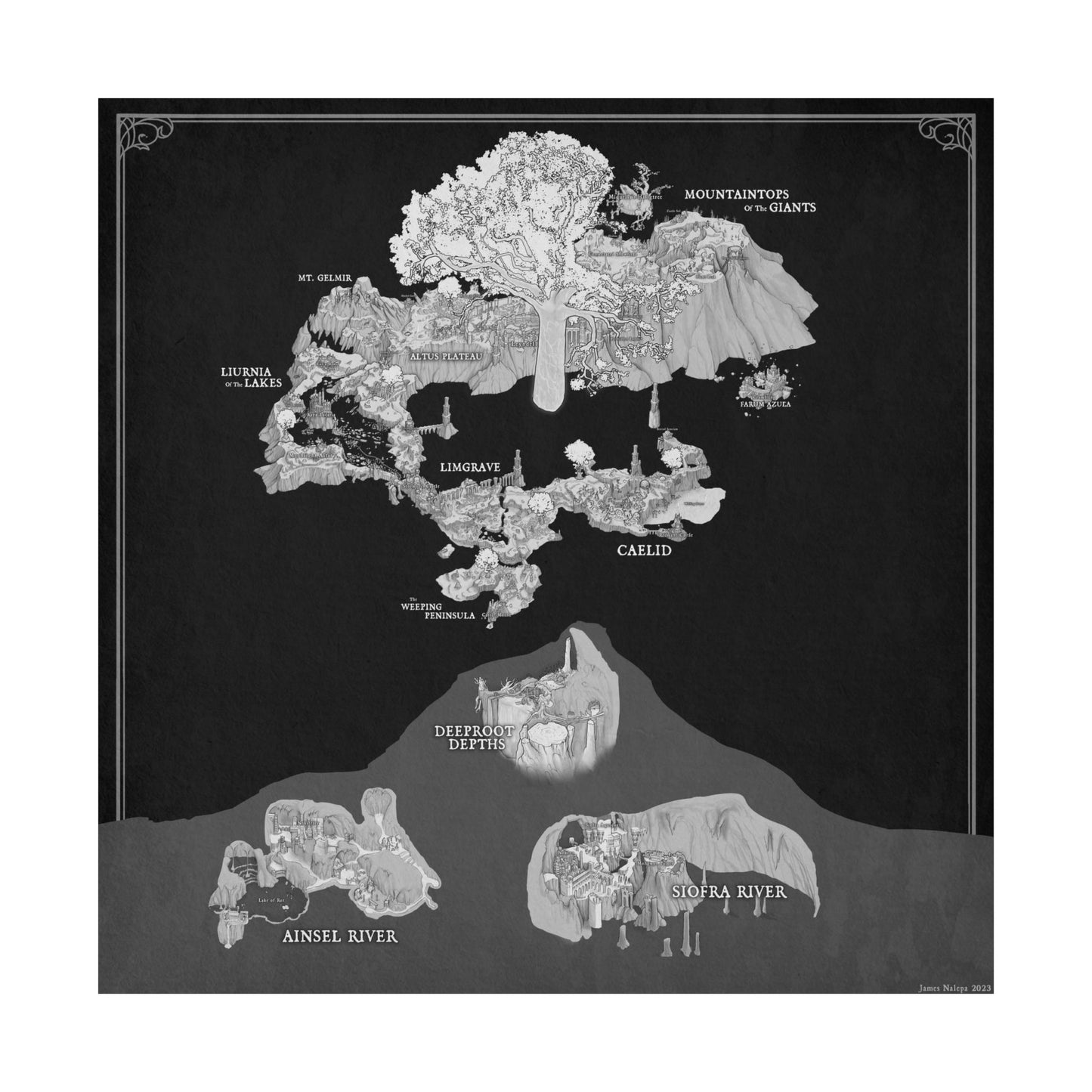 Elden Ring Full Map Poster Black And White